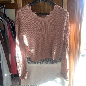 moon & madison Pink V-Neck Frayed Sweater